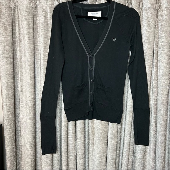 Y2K American Eagle Black V Neck Lightweight Cardigan Size Medium - Picture 2 of 13
